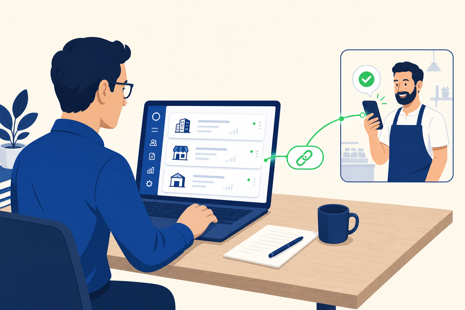 Gestoría laboral recomendando Horario Digital a sus clientes pyme: panel multi-empresa con tarjetas de empresas en el portátil del gestor y enlace de referido brillante hacia el móvil del cliente