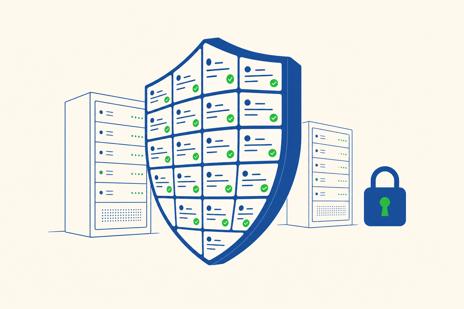 Seguridad y RGPD del registro horario en Horario Digital Escudo de datos compuesto por registros con tick verde sobre racks de servidores azul navy y candado, sobre fondo crema — protección de datos del fichaje en Horario Digital